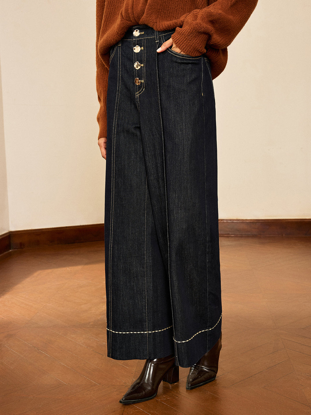 High-Waist Button Wide-Leg Denim Pants