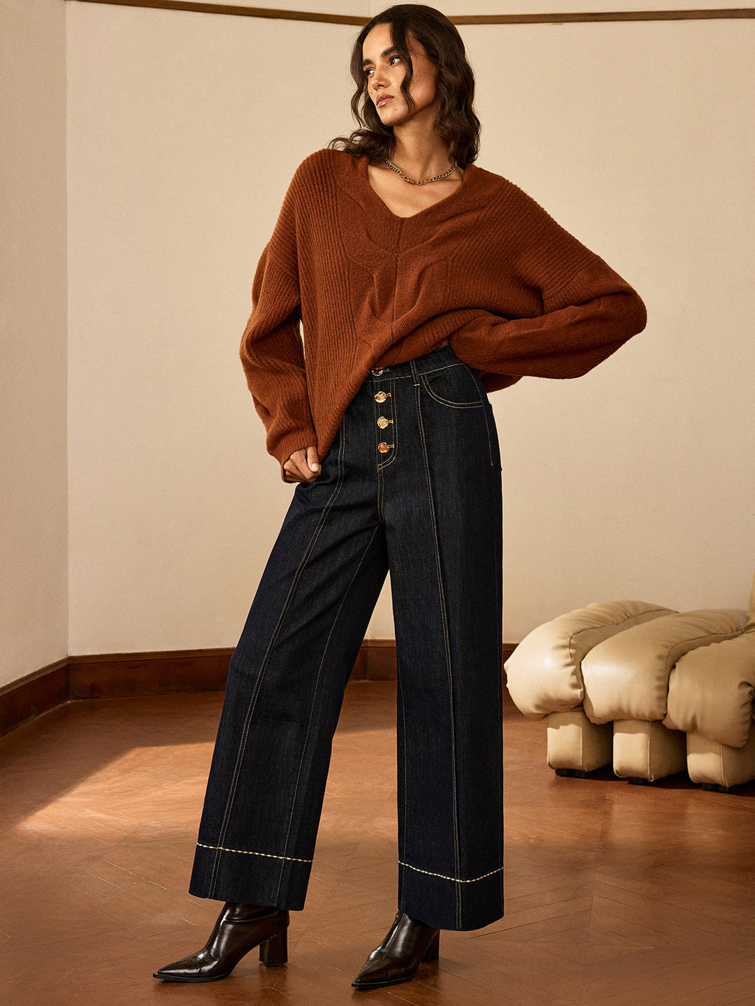 High-Waist Button Wide-Leg Denim Pants