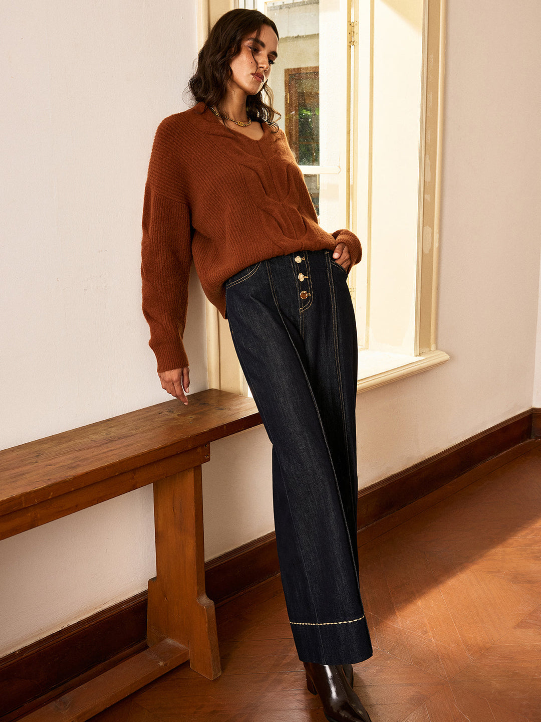 High-Waist Button Wide-Leg Denim Pants