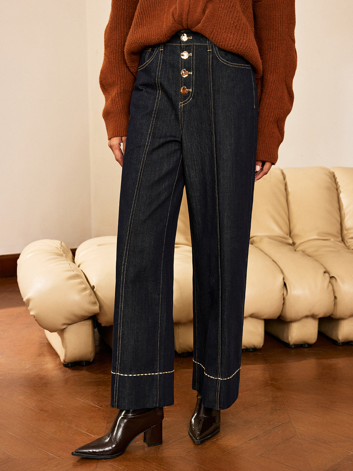 High-Waist Button Wide-Leg Denim Pants