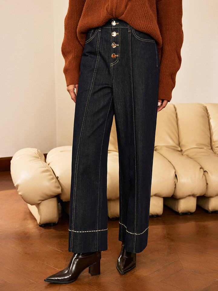 High-Waist Button Wide-Leg Denim Pants