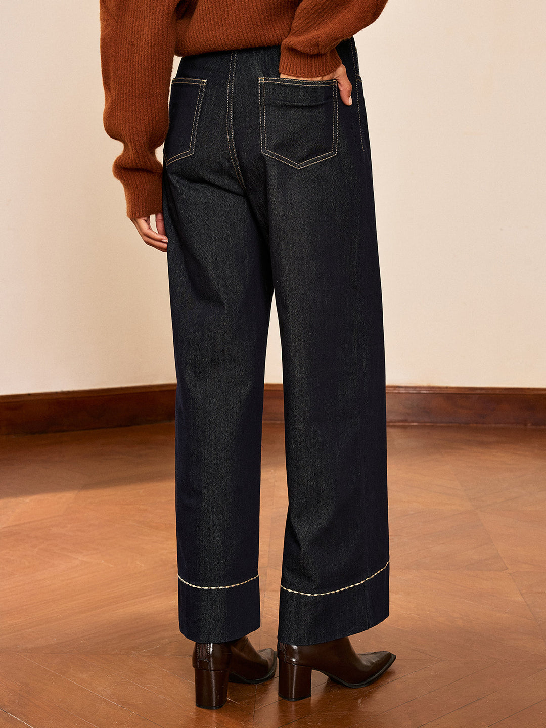 High-Waist Button Wide-Leg Denim Pants