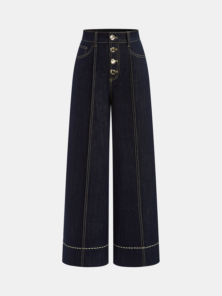 High-Waist Button Wide-Leg Denim Pants