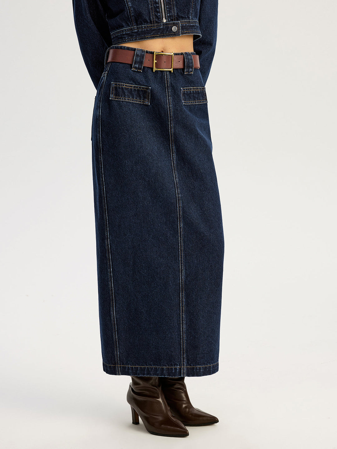 Belted Denim Maxi Skirt
