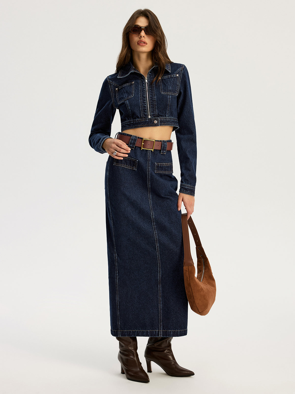 Belted Denim Maxi Skirt