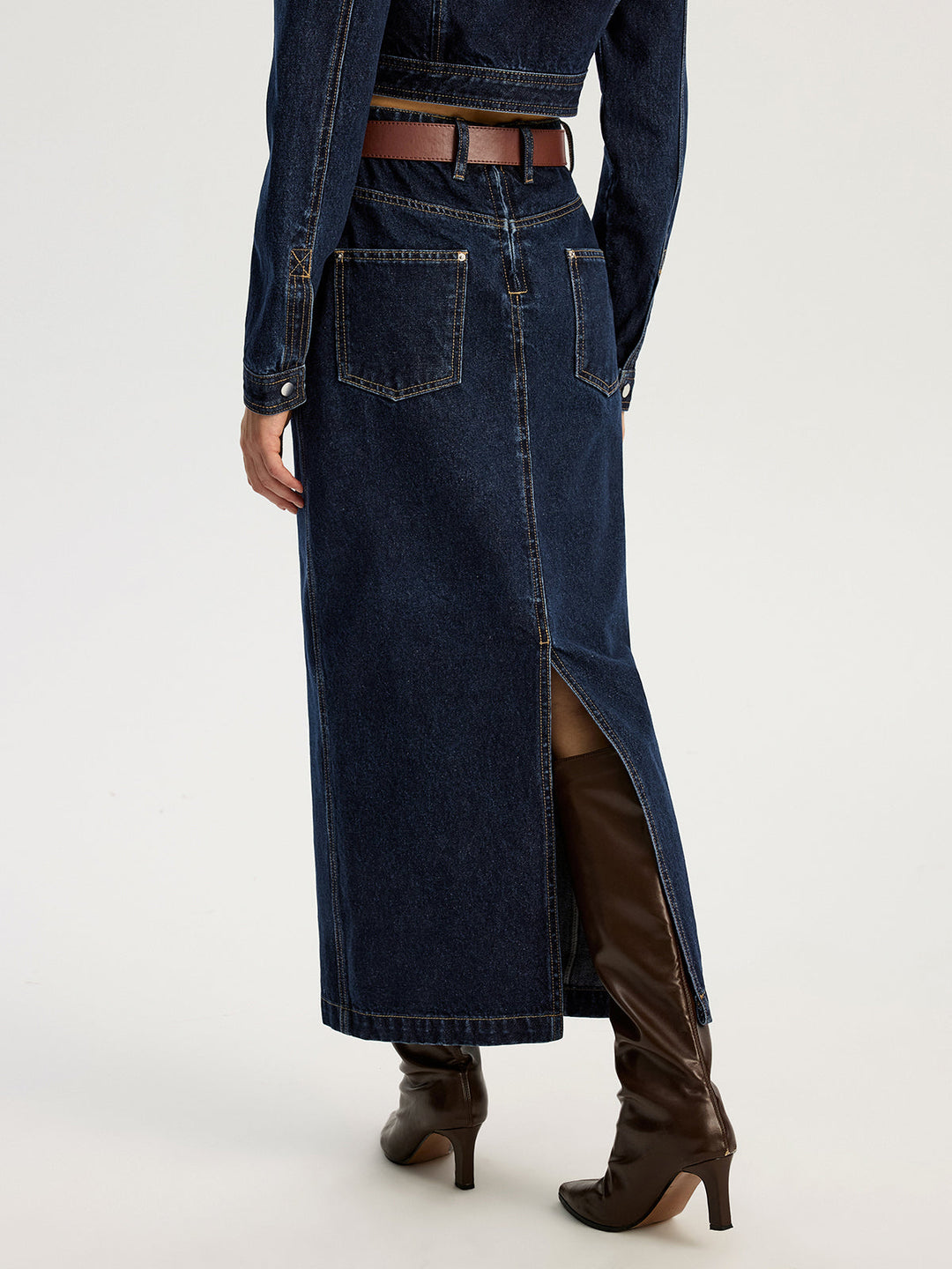 Belted Denim Maxi Skirt