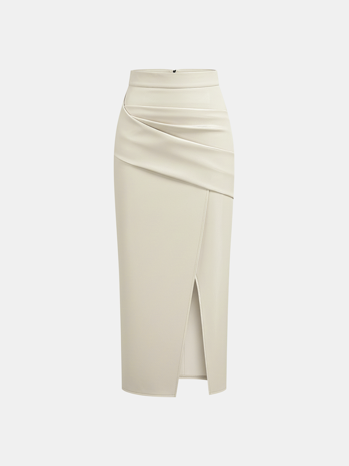 Ruched Slit PU Leather Midi Skirt