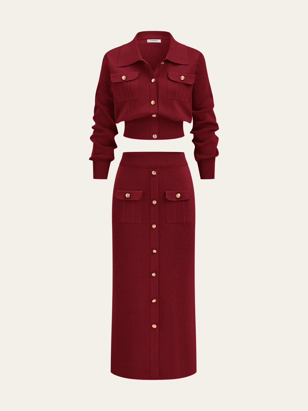 Metal Button Collared Cardigan and Midi Skirt Set