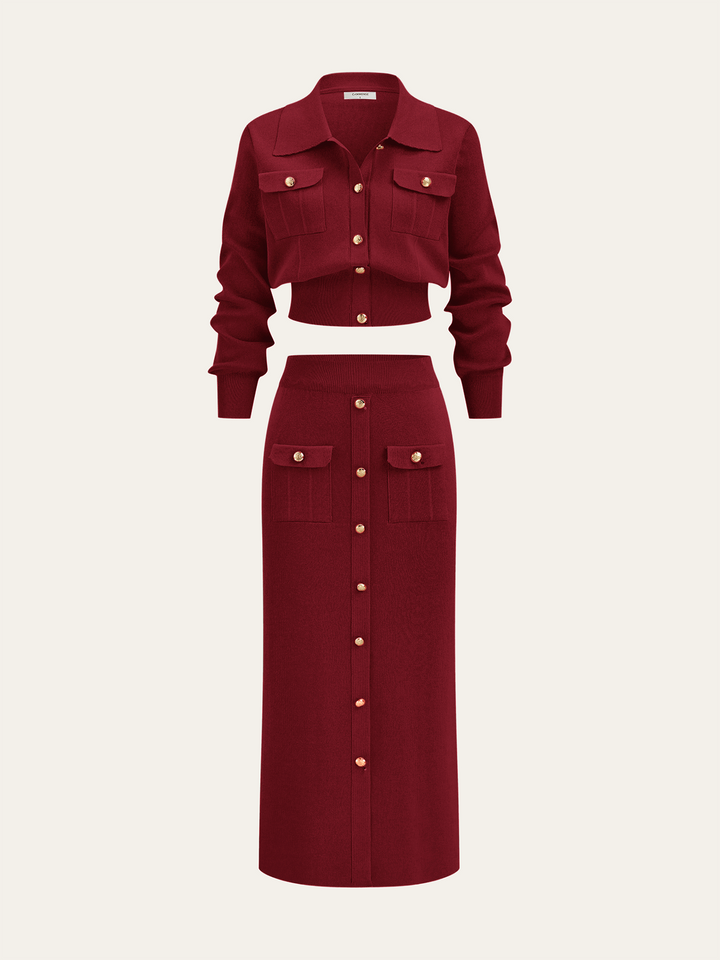 Metal Button Collared Cardigan and Midi Skirt Set