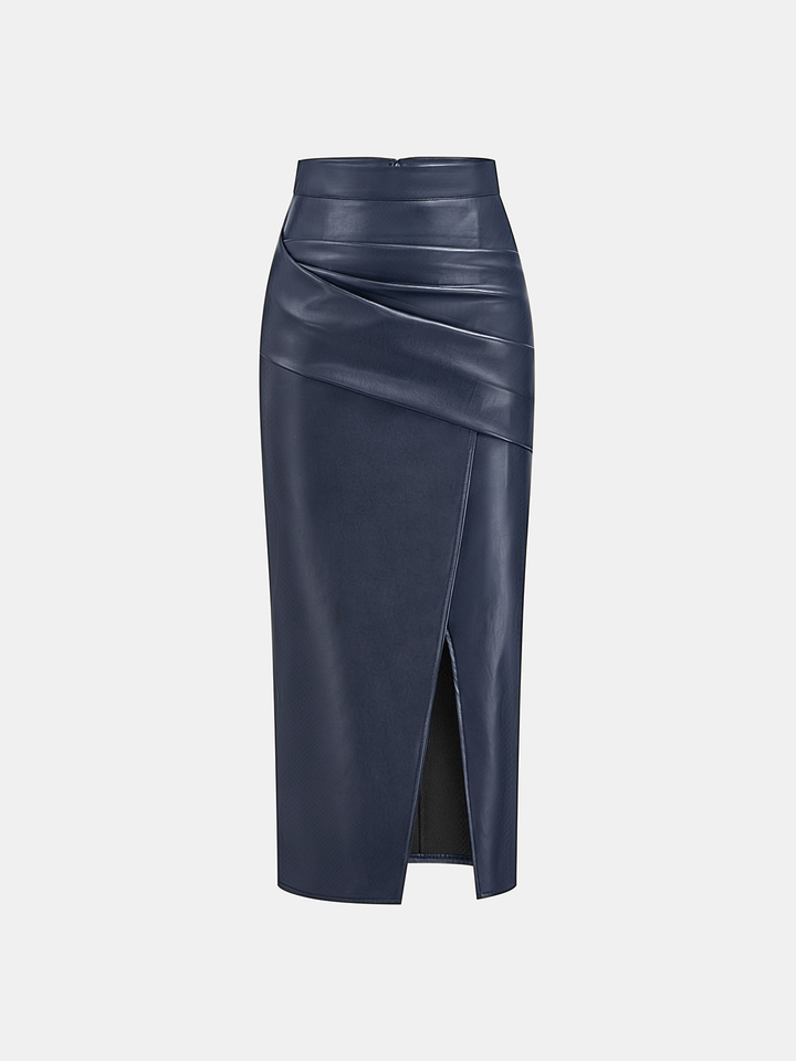 Ruched Slit PU Leather Midi Skirt