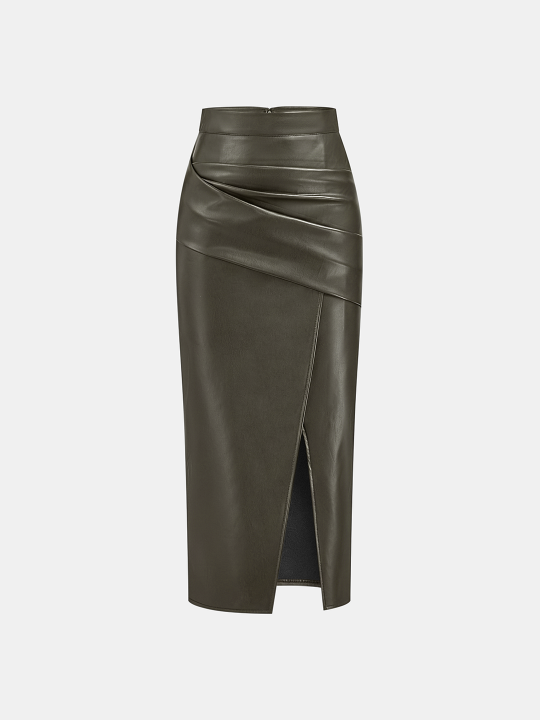 Ruched Slit PU Leather Midi Skirt