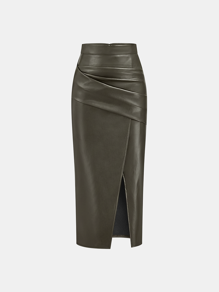 Ruched Slit PU Leather Midi Skirt