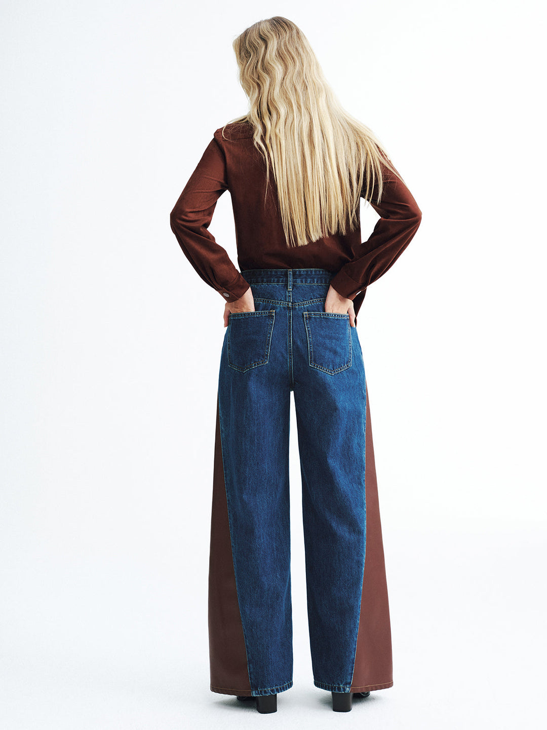 Contrast Panel Mid-Waist Denim Wide-Leg Jeans