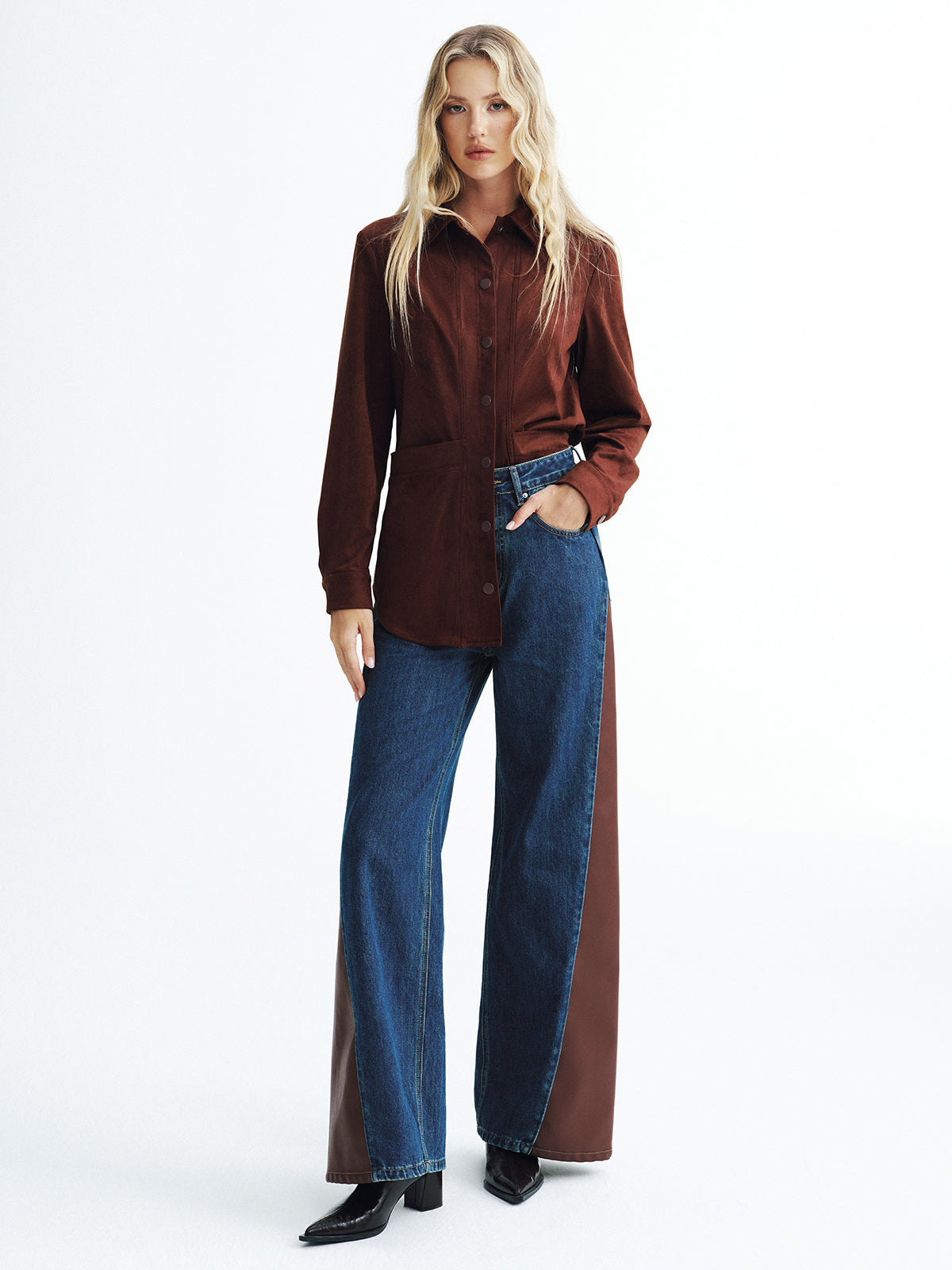 Contrast Panel Mid-Waist Denim Wide-Leg Jeans