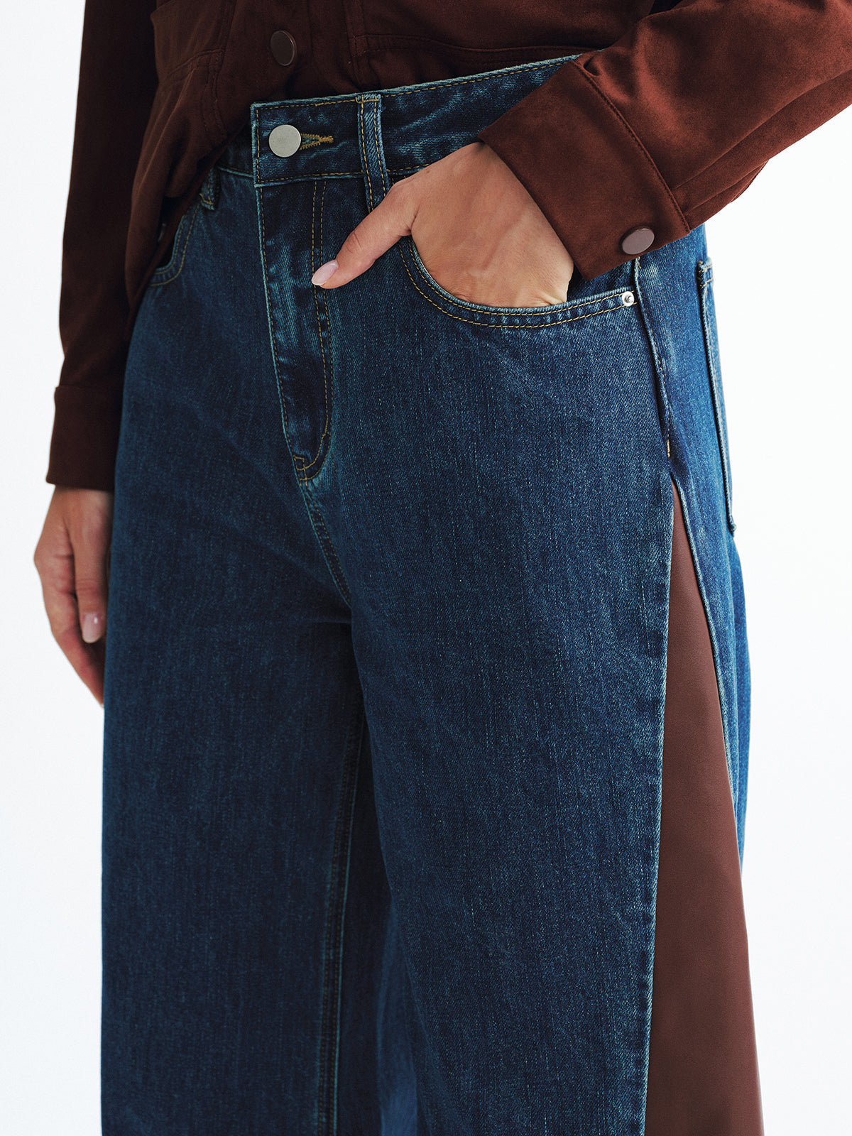 Contrast Panel Mid-Waist Denim Wide-Leg Jeans