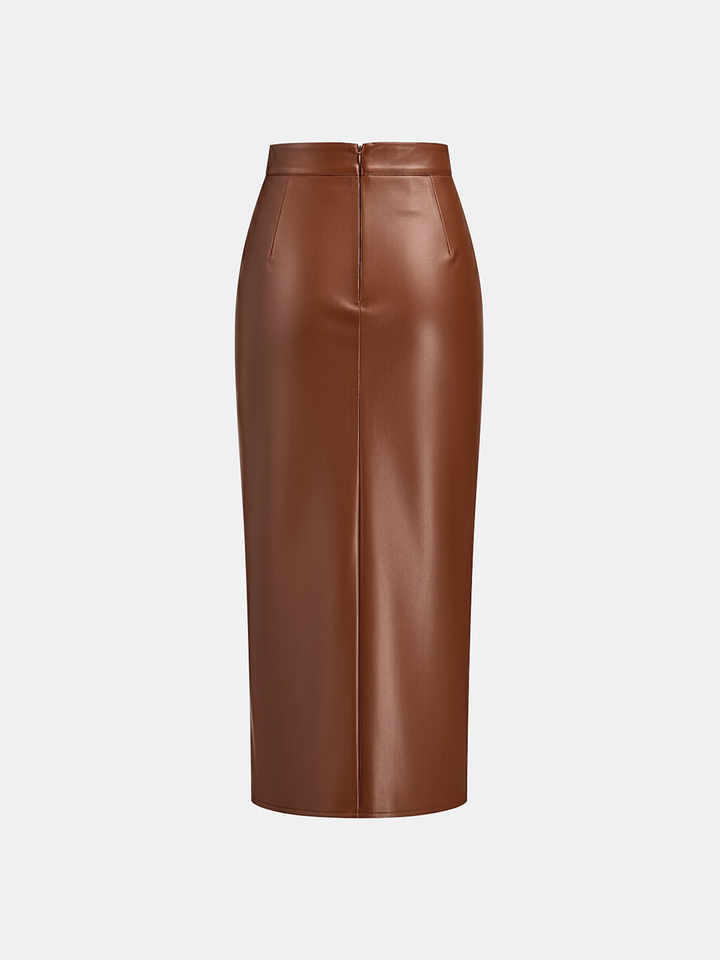 Ruched Slit PU Leather Midi Skirt