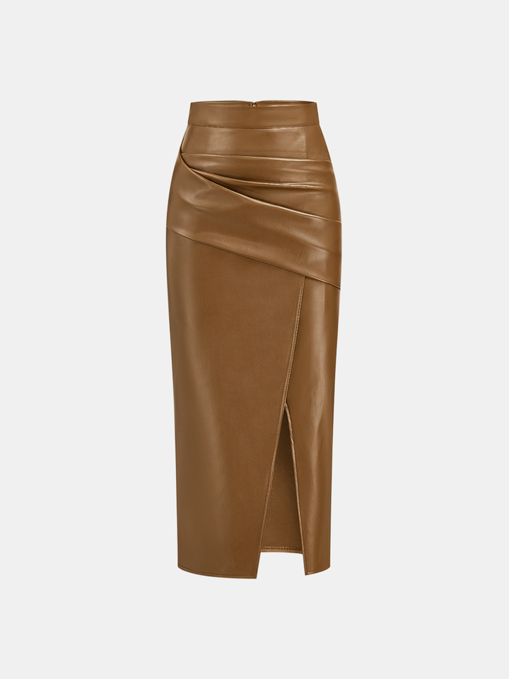 Ruched Slit PU Leather Midi Skirt