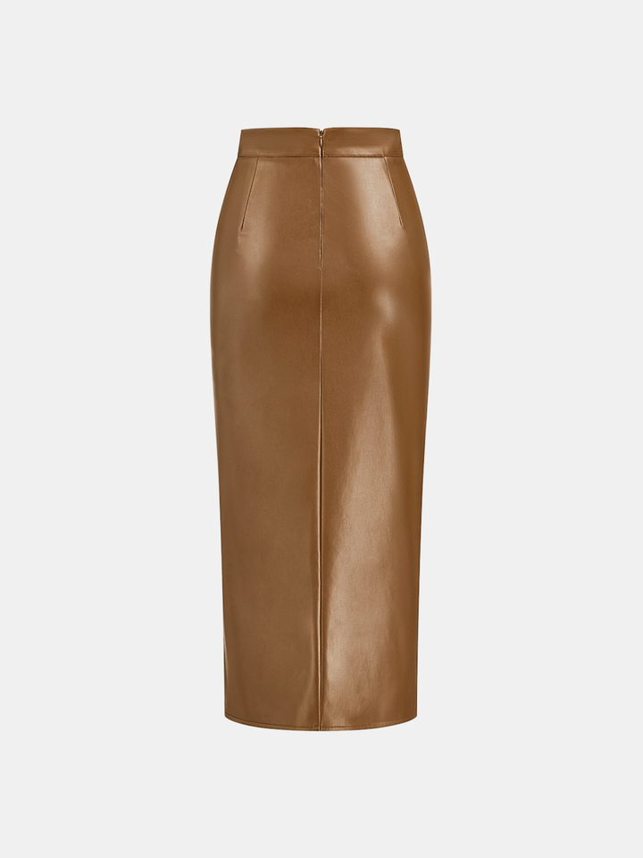 Ruched Slit PU Leather Midi Skirt