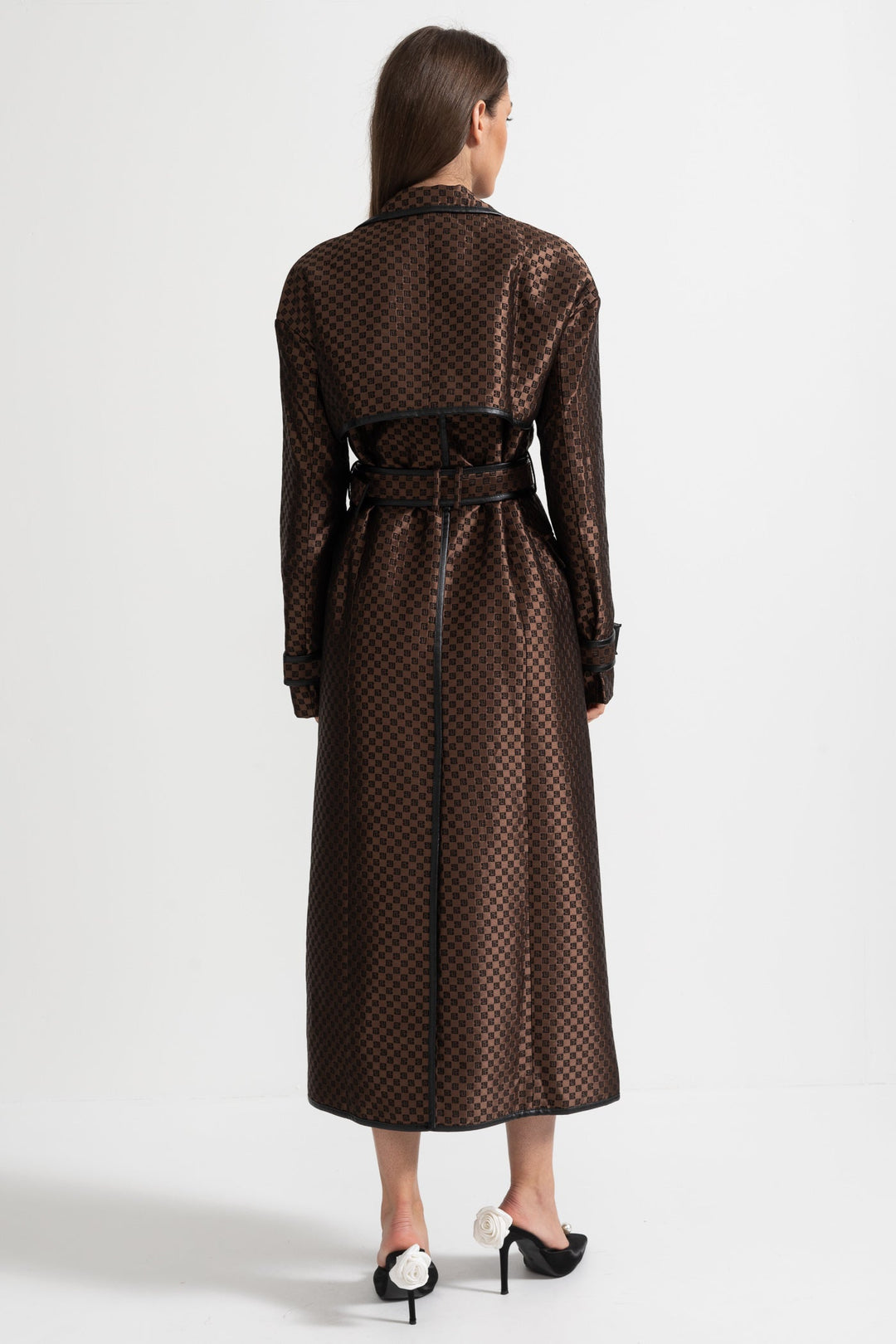 Jacquard Trench Coat With Gold Buckle Waist Belt - Brown
