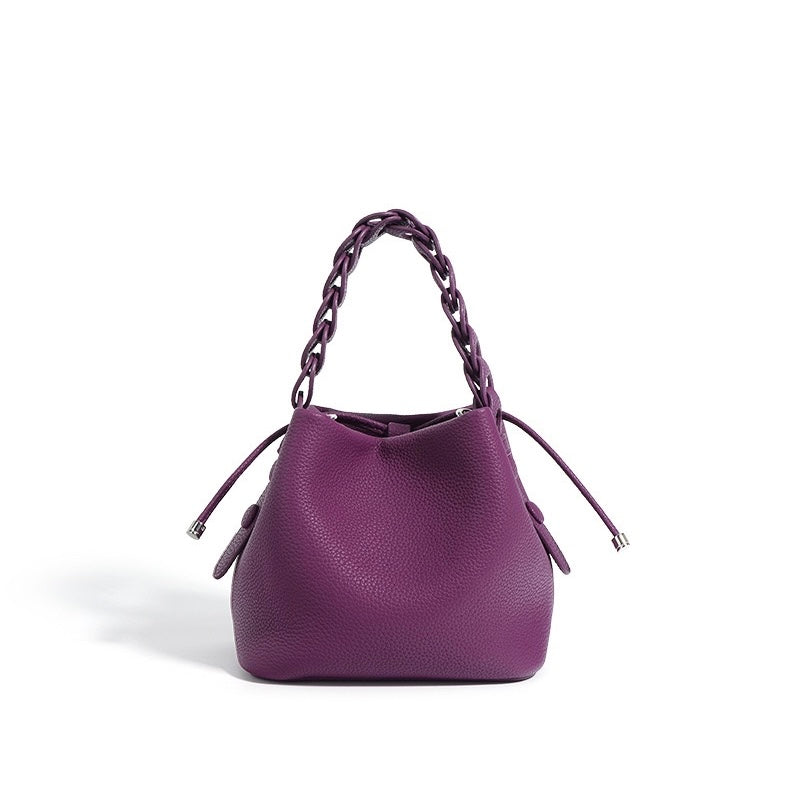 Women's Genuine Top-Grain Leather Versatile Commuting Bucket Bag Single-Shoulder Crossbody Elegant Handheld Bag