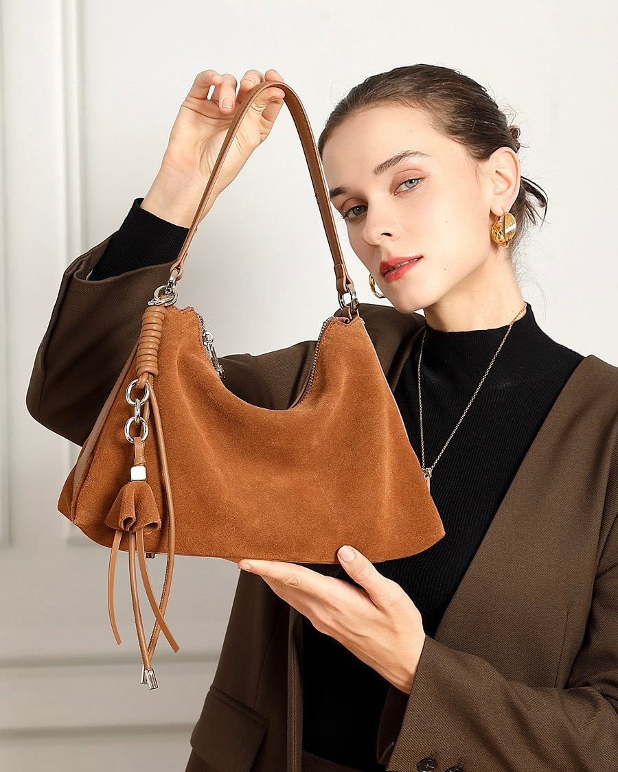 Suede Luxe Hobo Bag with Braided Detail & Tassel Accent