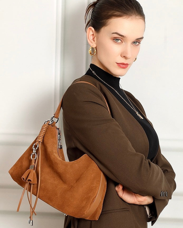 Suede Luxe Hobo Bag with Braided Detail & Tassel Accent