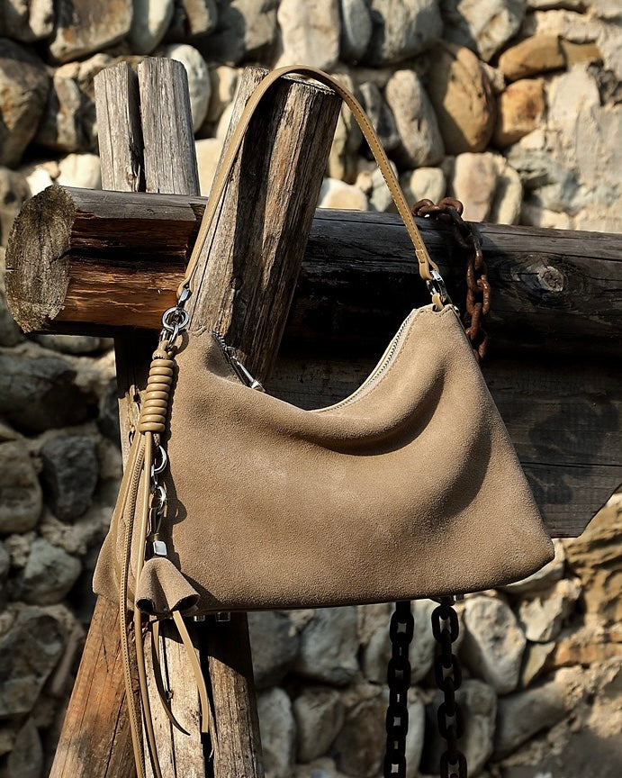 Suede Luxe Hobo Bag with Braided Detail & Tassel Accent