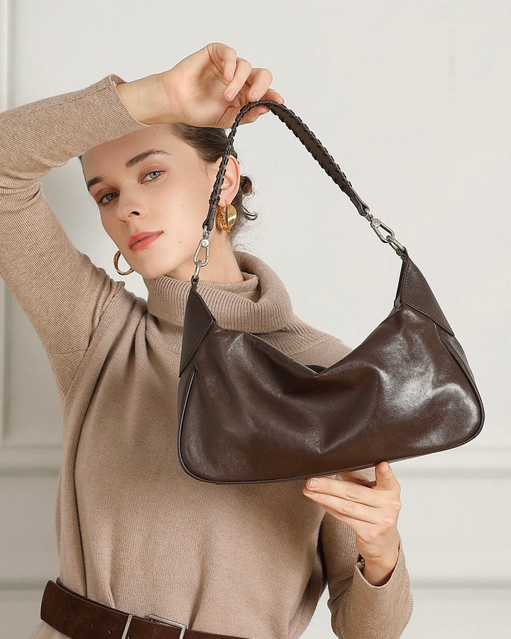 Braided-Handle Genuine Saddle Leather Hobo Bag