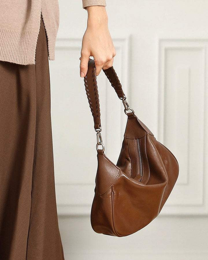 Braided-Handle Genuine Saddle Leather Hobo Bag