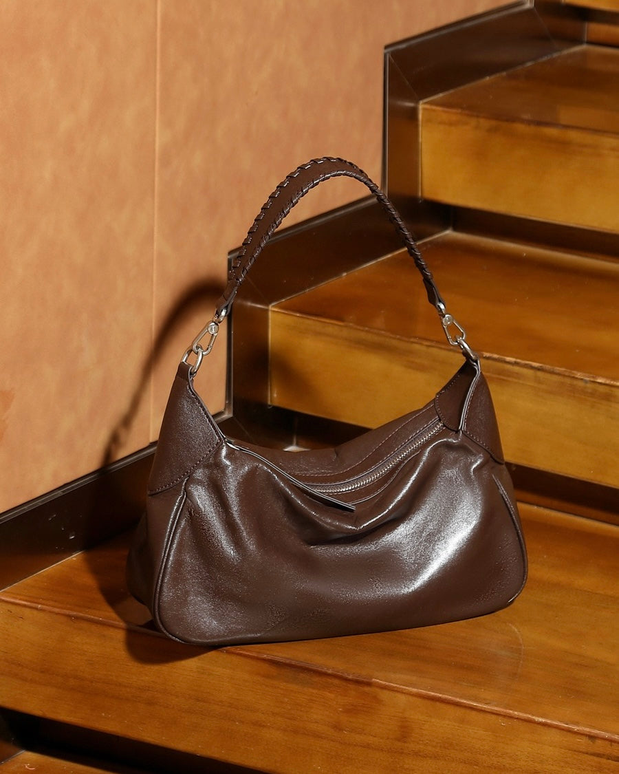 Braided-Handle Genuine Saddle Leather Hobo Bag
