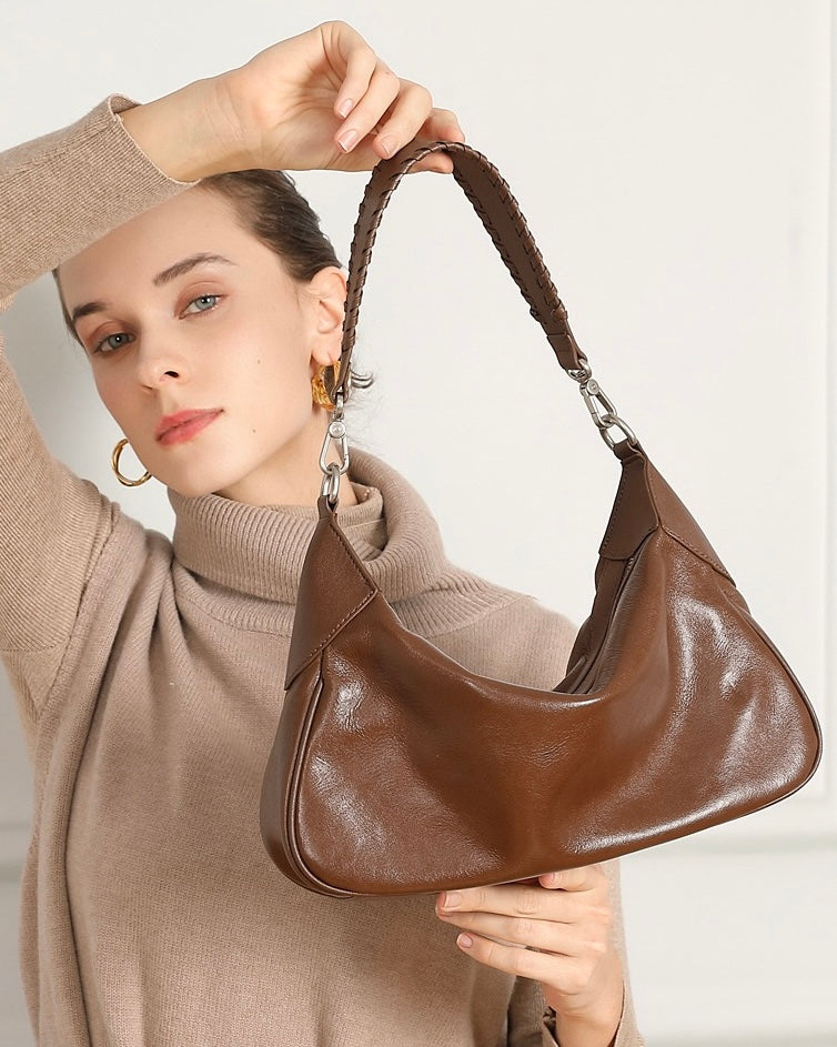 Braided-Handle Genuine Saddle Leather Hobo Bag