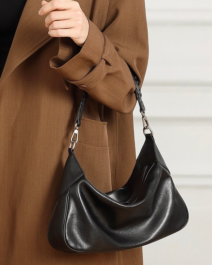 Braided-Handle Genuine Saddle Leather Hobo Bag