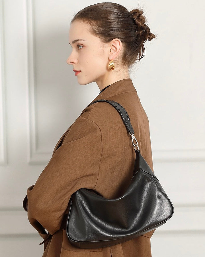 Braided-Handle Genuine Saddle Leather Hobo Bag