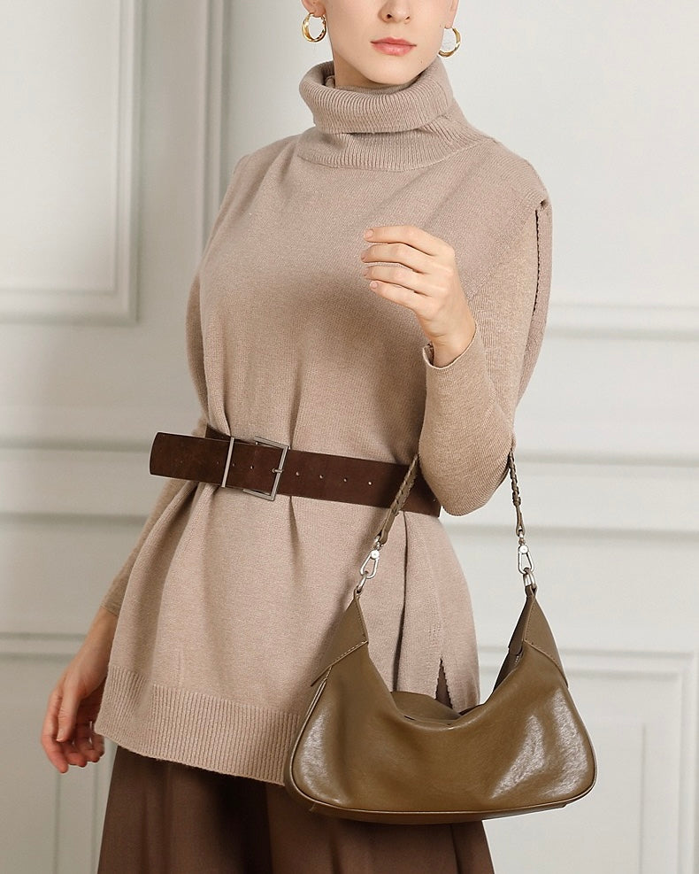 Braided-Handle Genuine Saddle Leather Hobo Bag