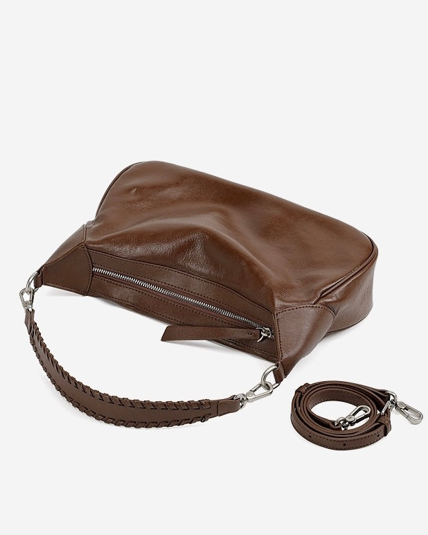 Braided-Handle Genuine Saddle Leather Hobo Bag
