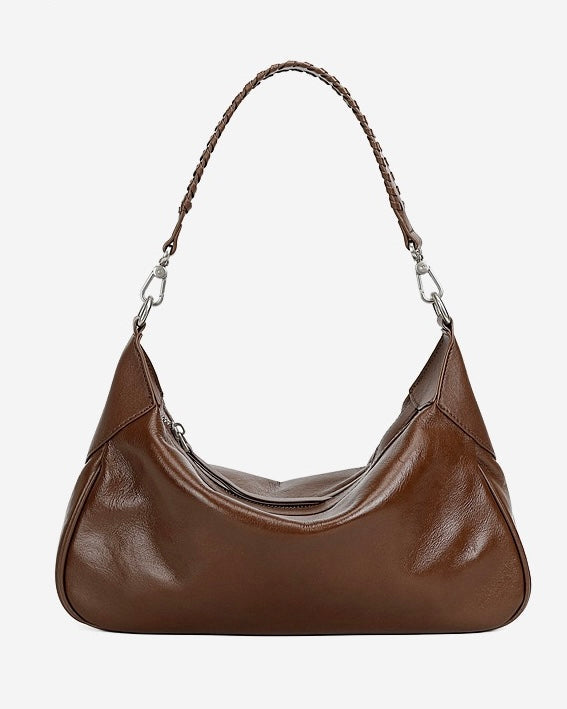 Braided-Handle Genuine Saddle Leather Hobo Bag