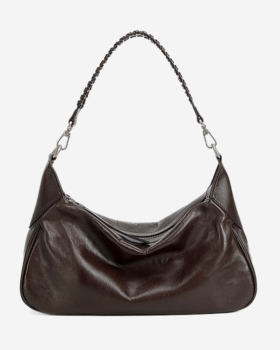 Braided-Handle Genuine Saddle Leather Hobo Bag