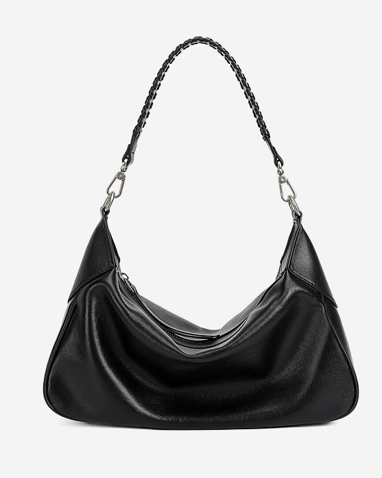 Braided-Handle Genuine Saddle Leather Hobo Bag