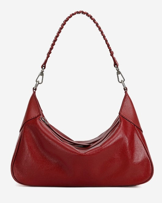 Braided-Handle Genuine Saddle Leather Hobo Bag