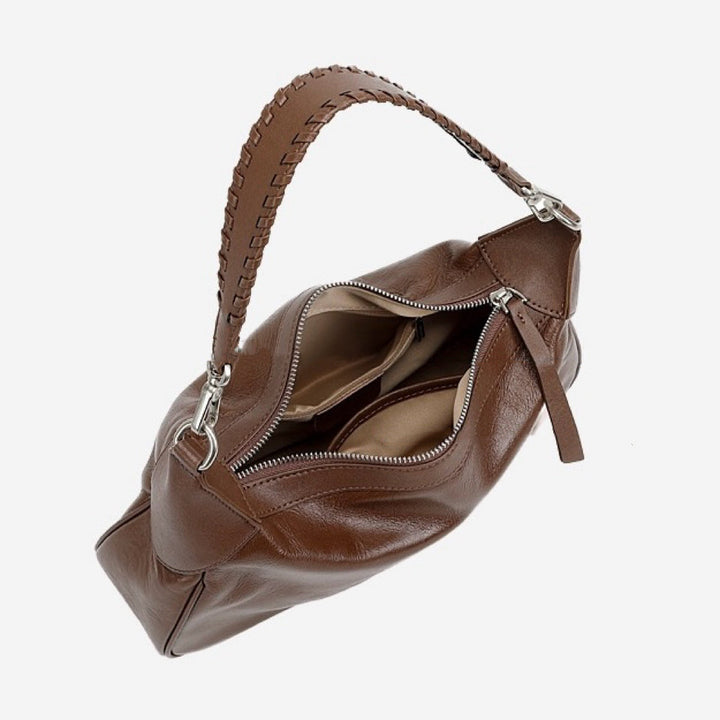 Braided-Handle Genuine Saddle Leather Hobo Bag