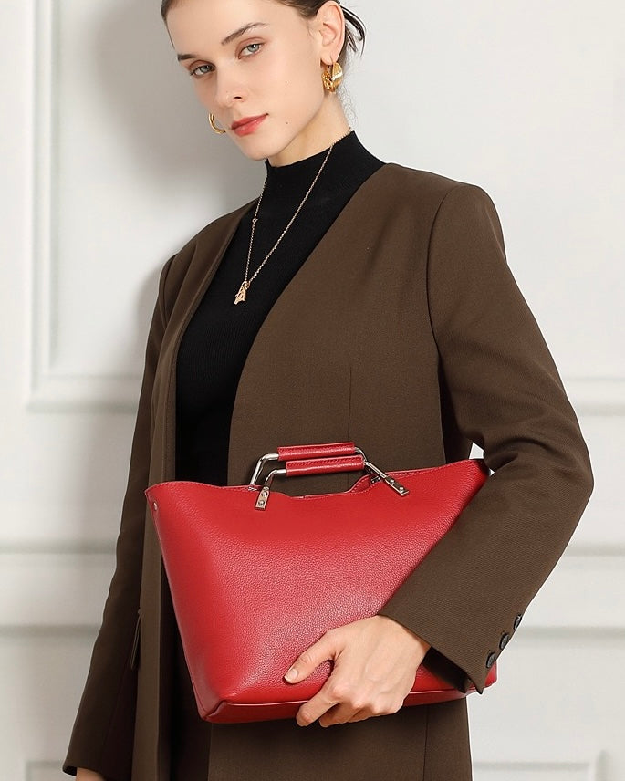 Genuine Leather Arch-Handle Minimalist Commuter Crossbody Bag