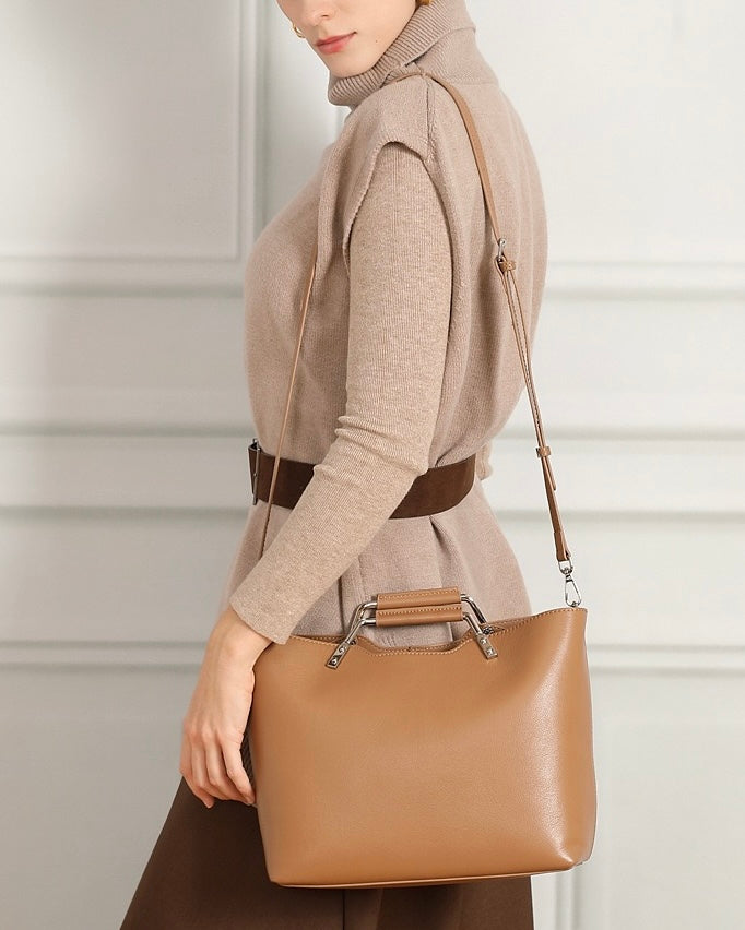 Genuine Leather Arch-Handle Minimalist Commuter Crossbody Bag