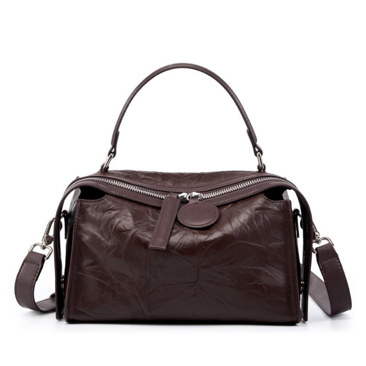 Women’s Genuine Leather Crinkled Boston Bag – Soft Shine Handheld & Crossbody