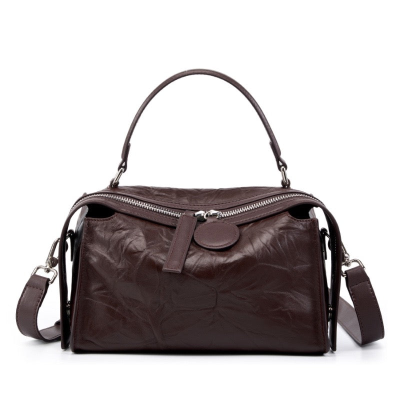 Women’s Genuine Leather Crinkled Boston Bag – Soft Shine Handheld & Crossbody