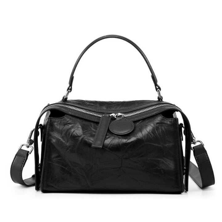 Women’s Genuine Leather Crinkled Boston Bag – Soft Shine Handheld & Crossbody