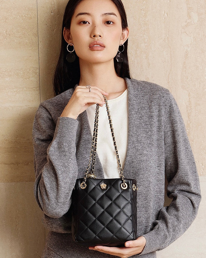 Genuine Leather Quilted Chain-Embellished Crossbody Bag