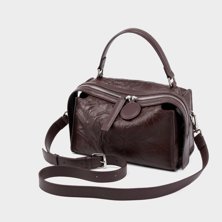 Women’s Genuine Leather Crinkled Boston Bag – Soft Shine Handheld & Crossbody
