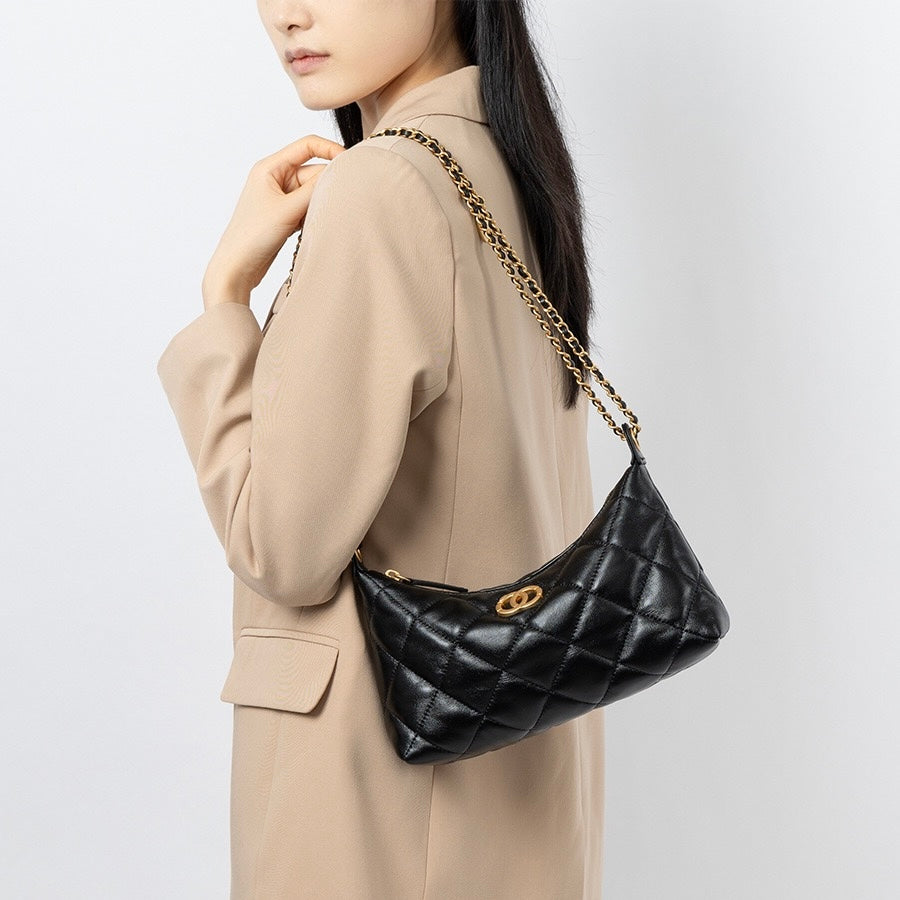 Noir Quilted Sheepskin Dual-Tone Chain Shoulder Bag