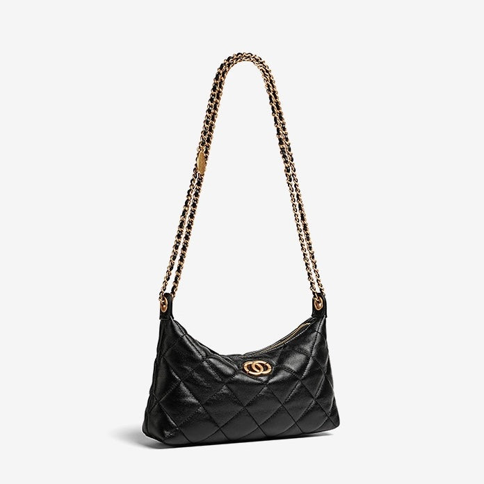 Noir Quilted Sheepskin Dual-Tone Chain Shoulder Bag