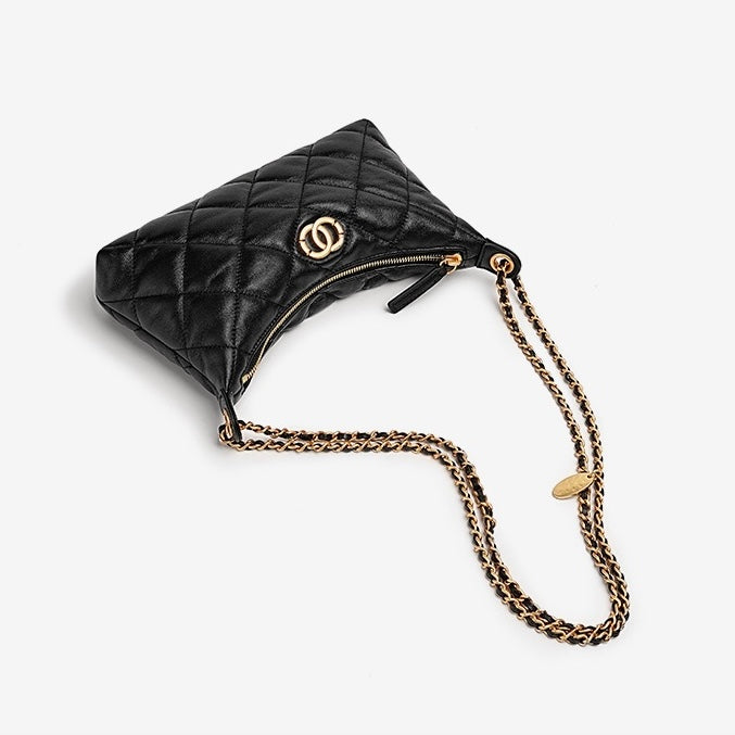 Noir Quilted Sheepskin Dual-Tone Chain Shoulder Bag